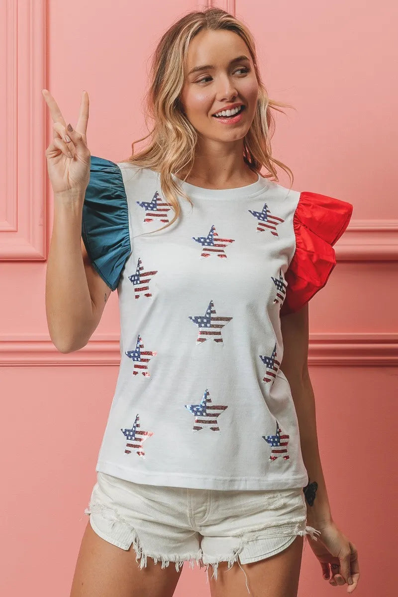 BiBi American Flag Sequin Stars Top