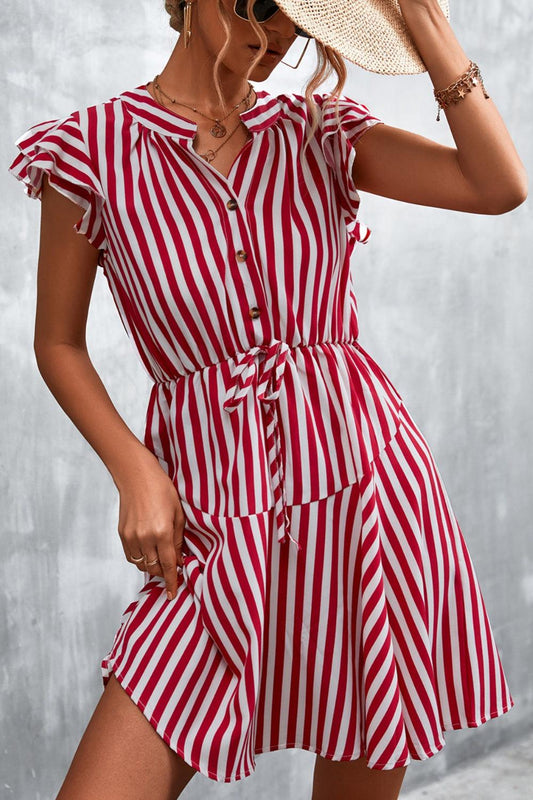 Ruffled Striped Cap Sleeve Mini Dress Deep Red