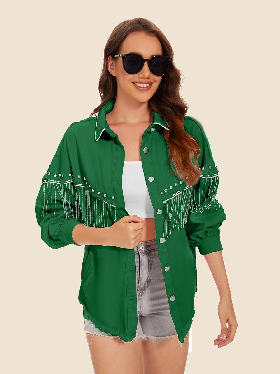 Raw Hem Fringe Detail Denim Jacket Dark Green