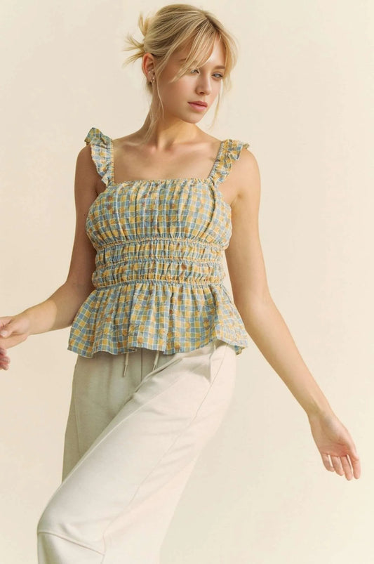 Davi & Dani Plaid Ruffled Strap Smocked Sleeveless Top BLUE MULTI