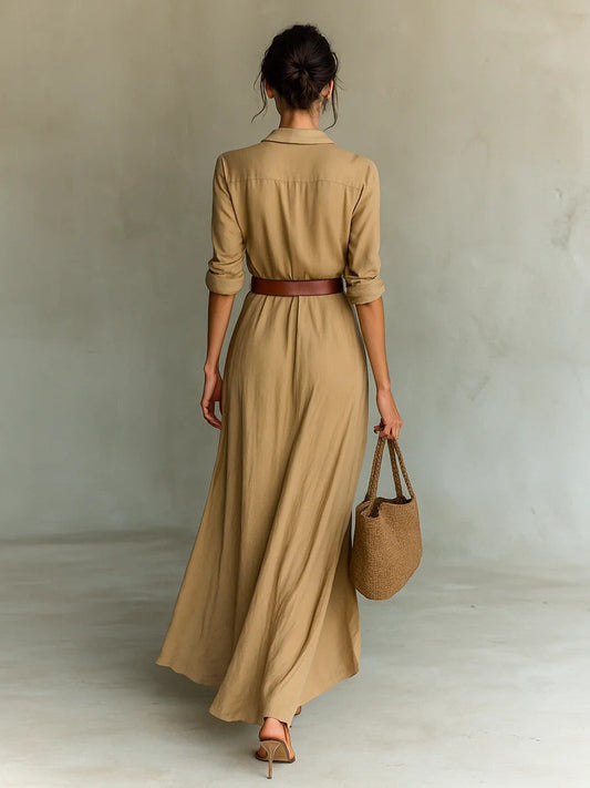 Irregular Long Dress With Belt Fashion And Elegant Button Lapel Long-sleeved Shirt Dresses Daily Office Commuting Clothing For Women