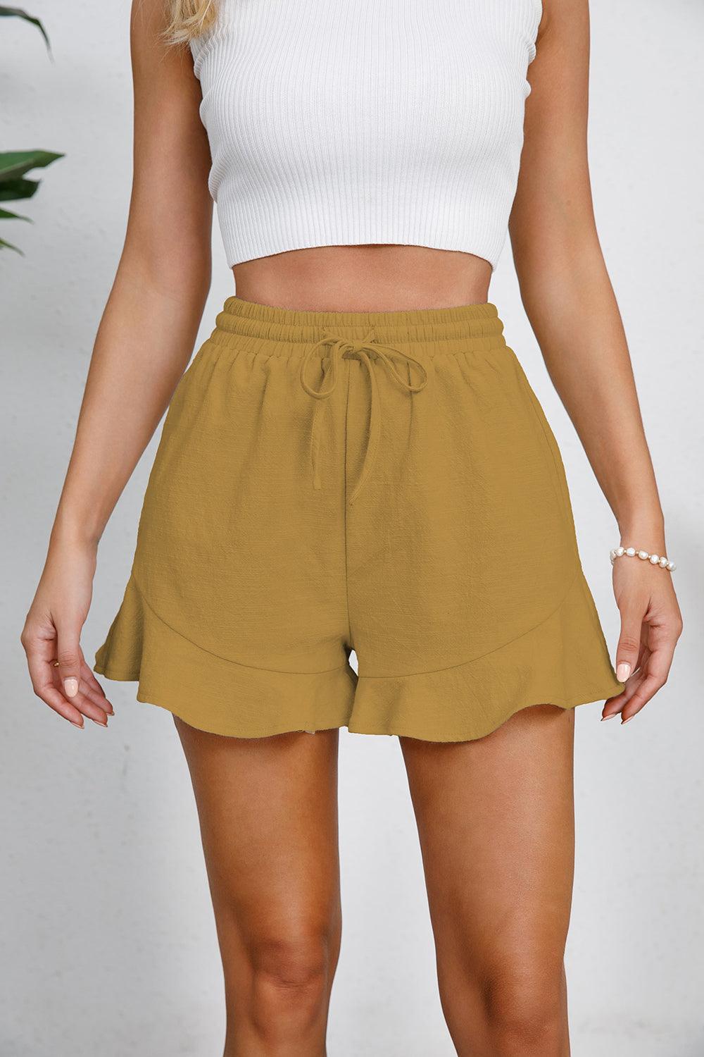 Full Size Drawstring Ruffle Hem Shorts Honey