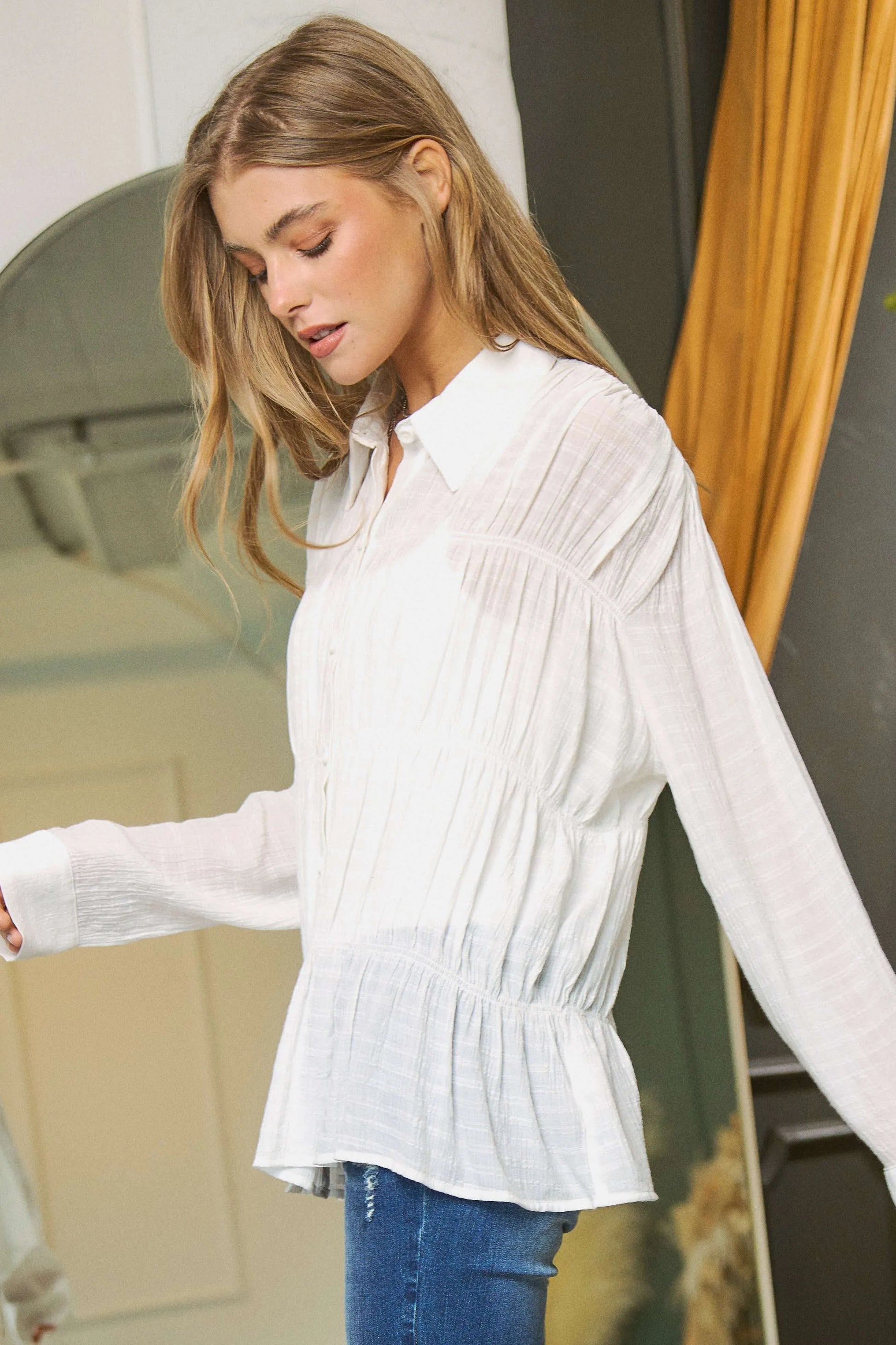 Davi & Dani Ruched All Over Button Front Shirt