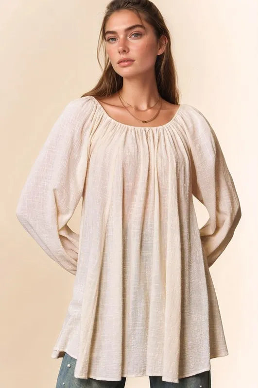 Davi & Dani Crinckled Texture Fabric Round Neck Swing Top White