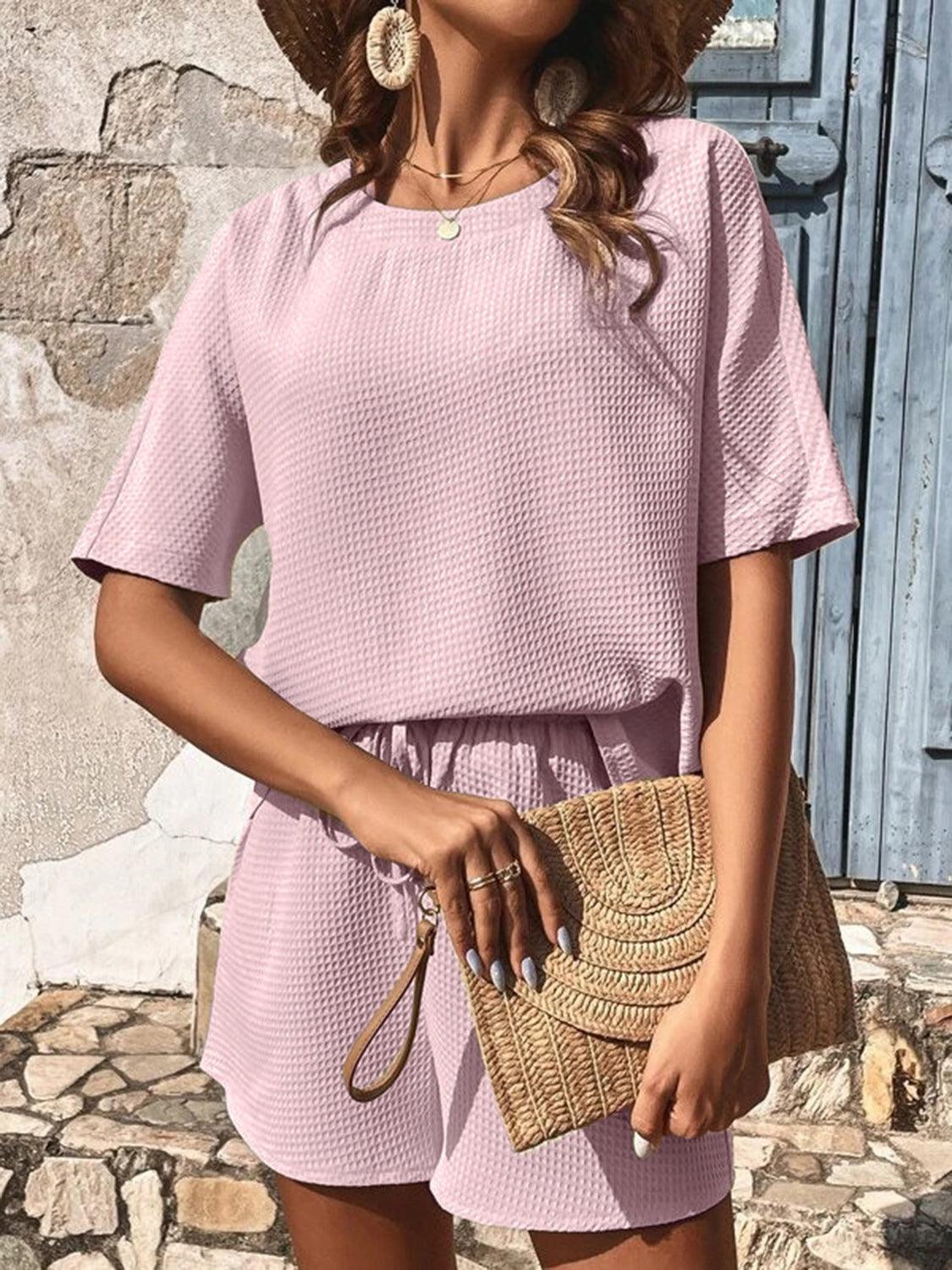 Waffle-Knit Half Sleeve Top and Shorts Set Lavender