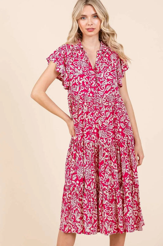Mittoshop Abstract Print Ruffle Tier Midi Dress FUCHSIA