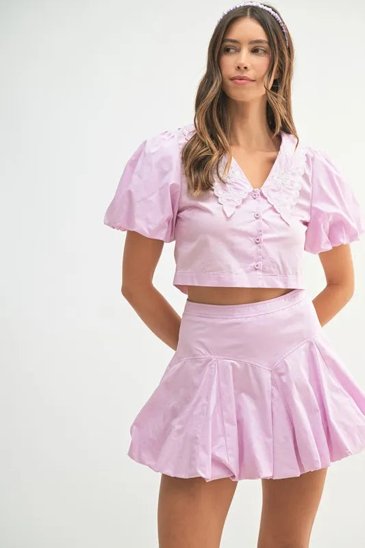 MABLE Puff Sleeve Button Down Top and Bubble Skirt Set Lavender