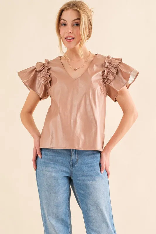 And The Why Faux Leather Ruffle Sleeves V Neck Top ROSE GOLD