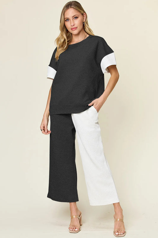 Double Take Full Size Texture Contrast T-Shirt and Wide Leg Pants Set White