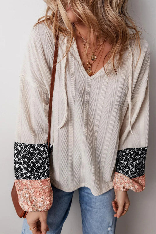 Color Block Tie Neck Long Sleeve Top Dust Storm