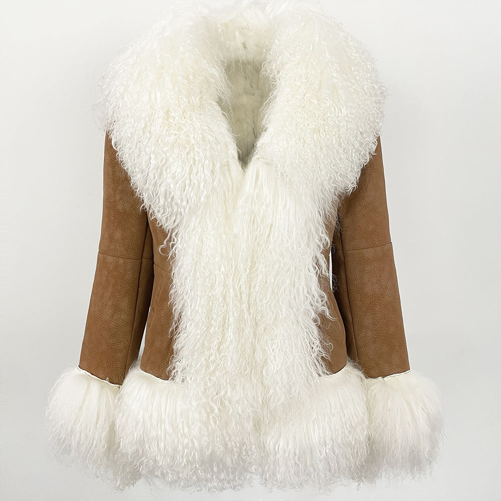 A brown suede shearling-style jacket with a large white curly fur collar, shawl, and hem, shown against a plain light background.