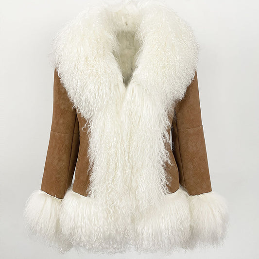 A brown suede shearling-style jacket with a large white curly fur collar, shawl, and hem, shown against a plain light background.