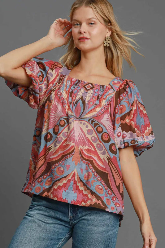 Umgee Full Size Abstract Print Smocked Square Neck Puff Sleeve Blouse Pink Mix