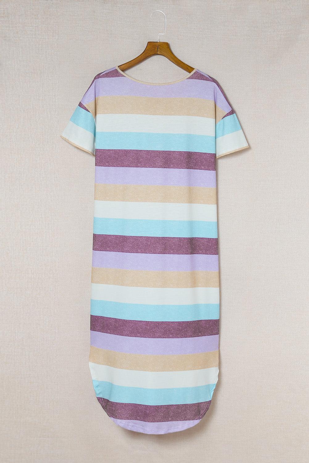 Striped V-Neck Curved Hem Midi Dress