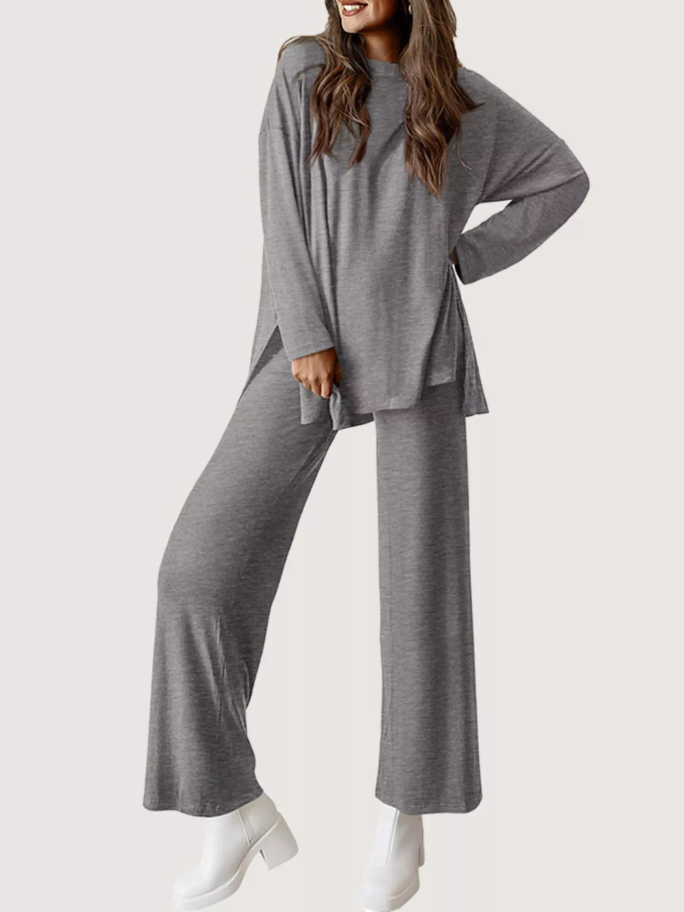 Casual Loose Long Sleeve Top and Wide Leg Pants Set