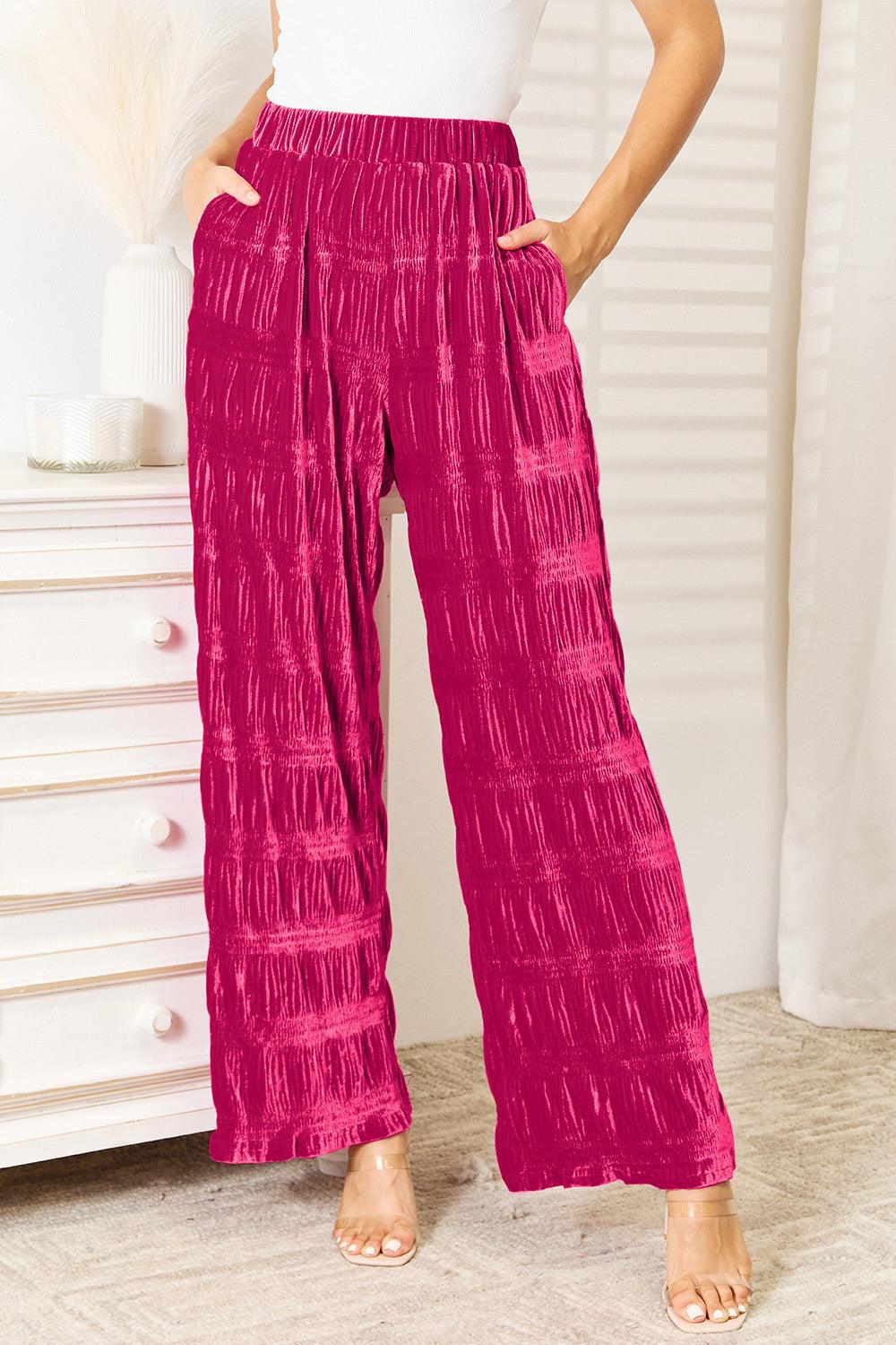 Double Take Full Size High Waist Tiered Shirring Velvet Wide Leg Pants Hot Pink