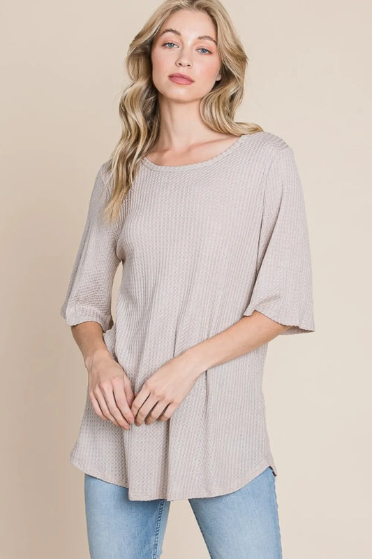 BOMBOM Round Neck Waffle Knit T-Shirt Sand