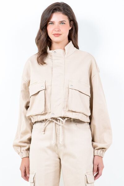 American Bazi Full Size Drawstring Hem Cargo Pocket Cropped Worker Jacket Plus Size Tan