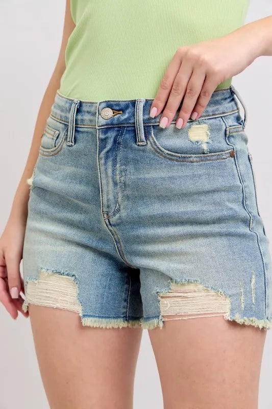 Judy Blue Full Size High Rise Washed Fly Stitch Detail and Destroy Denim Shorts Plus Size MD