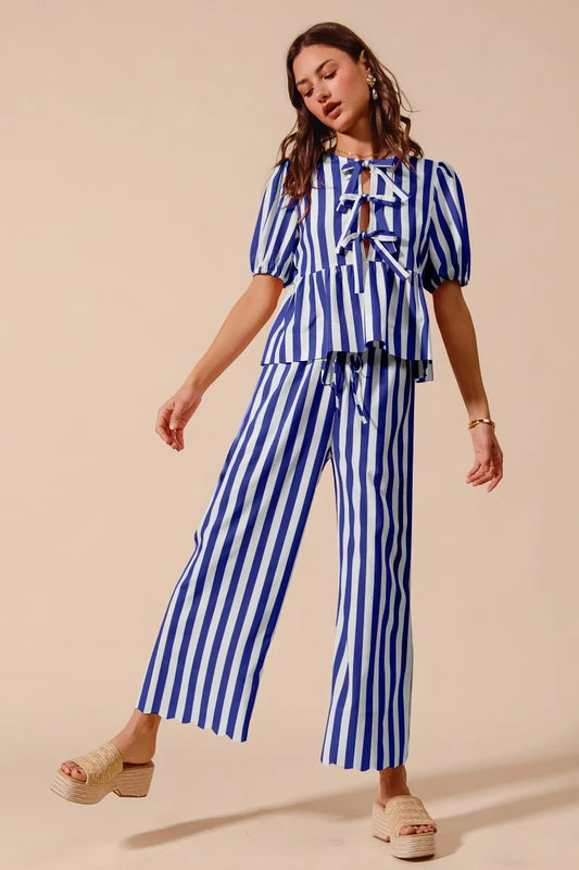 SO ME Front Tie Stripe Puff Sleeves Top and Wide Leg Pants Set ROYAL BLUE