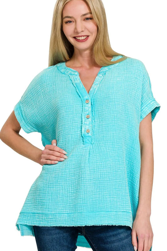 Zenana Washed Double Gauze 3/4 Button Henley Neck Shirt MINT SKY