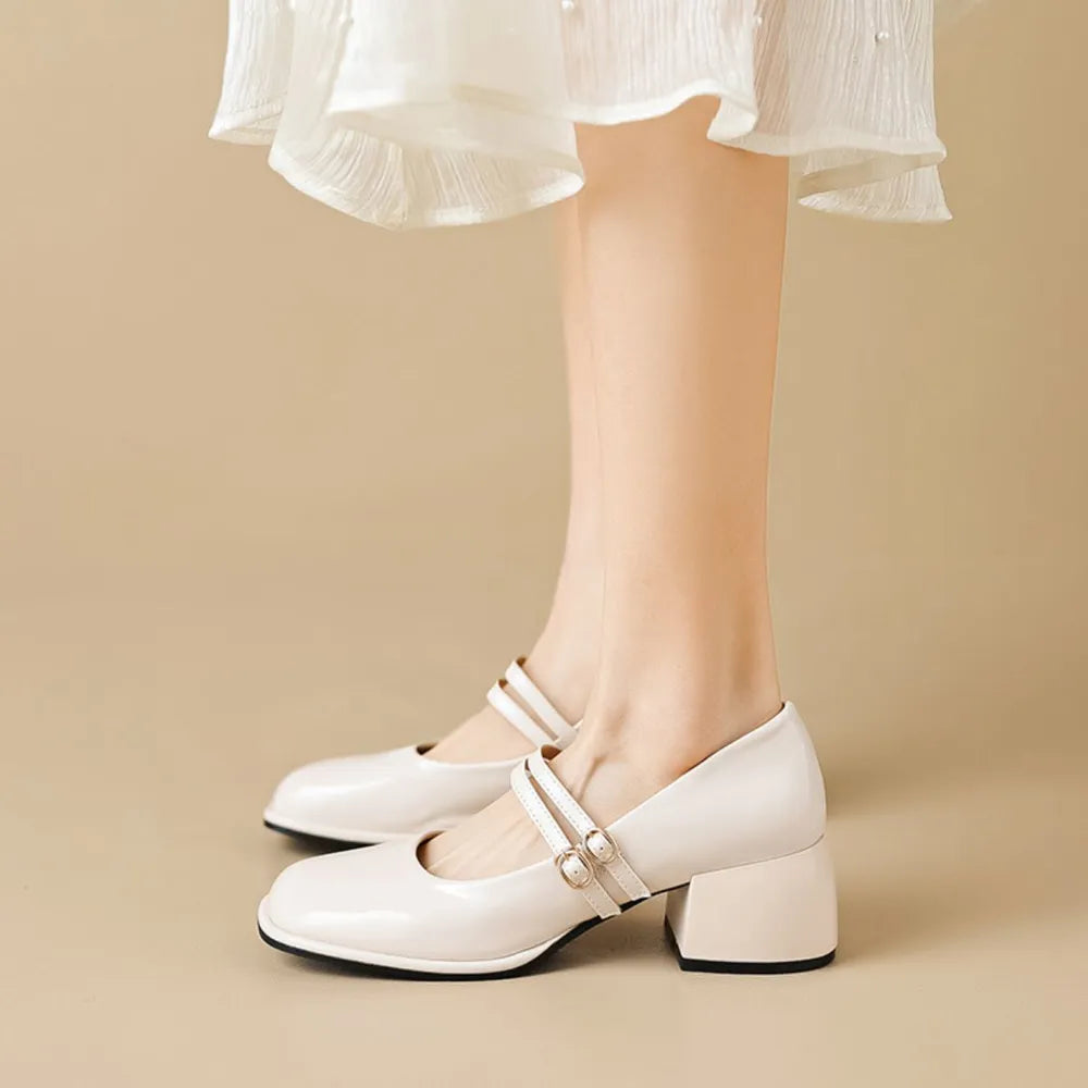 Double Buckle Strap Square Toe Mary Jane Heels Ivory