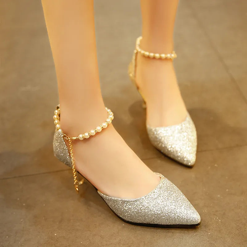 Point Toe Kitten Heels Pumps Silver