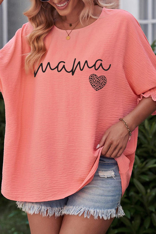MAMA Round Neck Lantern Sleeve Blouse Coral