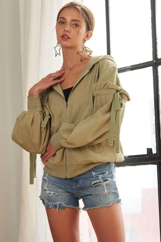 ADORA Ruffled Puff Sleeve Zip Up Hoodie SAGE