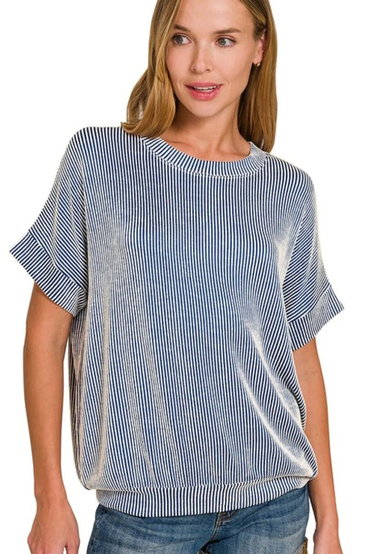 Zenana Corded Rib Short Sleeve T-Shirt LT NAVY