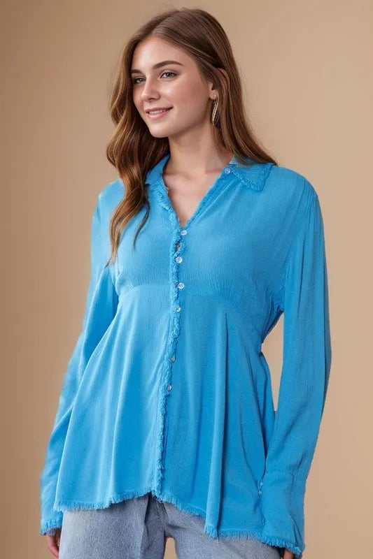 Davi & Dani V-Neck Open Back Adjustable Babydoll Shirt Ocean Blue