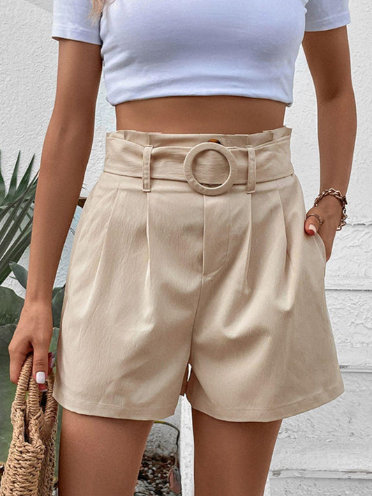 Perfee Belted Shorts with Pockets Cream