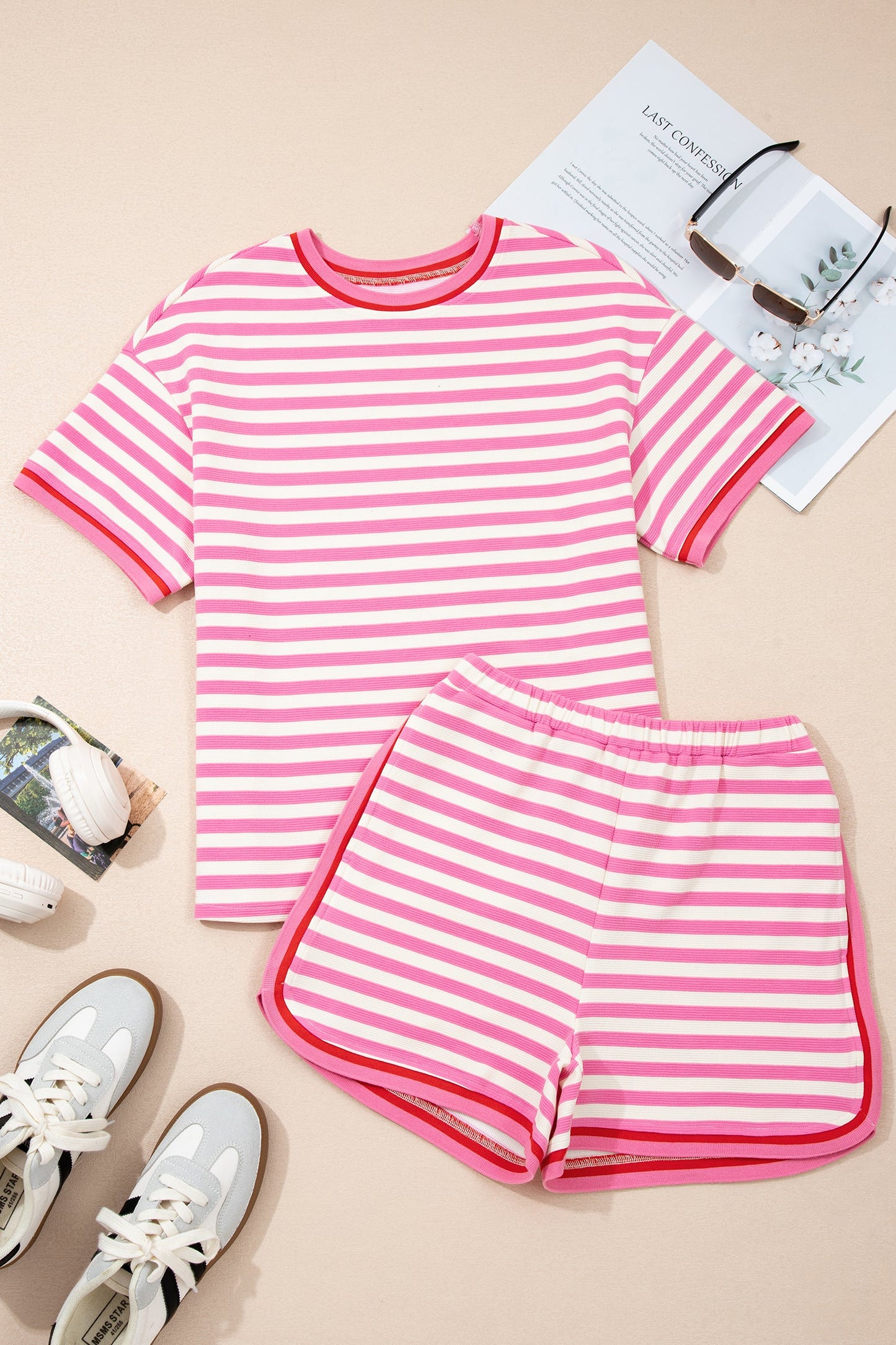 Stripe Contrast Trim Top & Loose Shorts Set