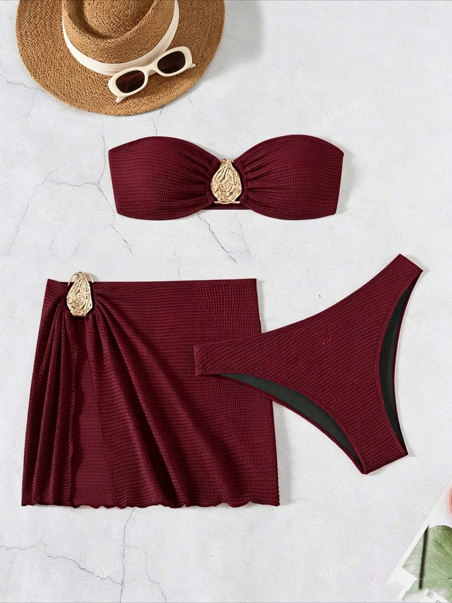 Women's 3-Piece Split Swimsuit Skirted Bikini for Hot Spring Vacation Beach