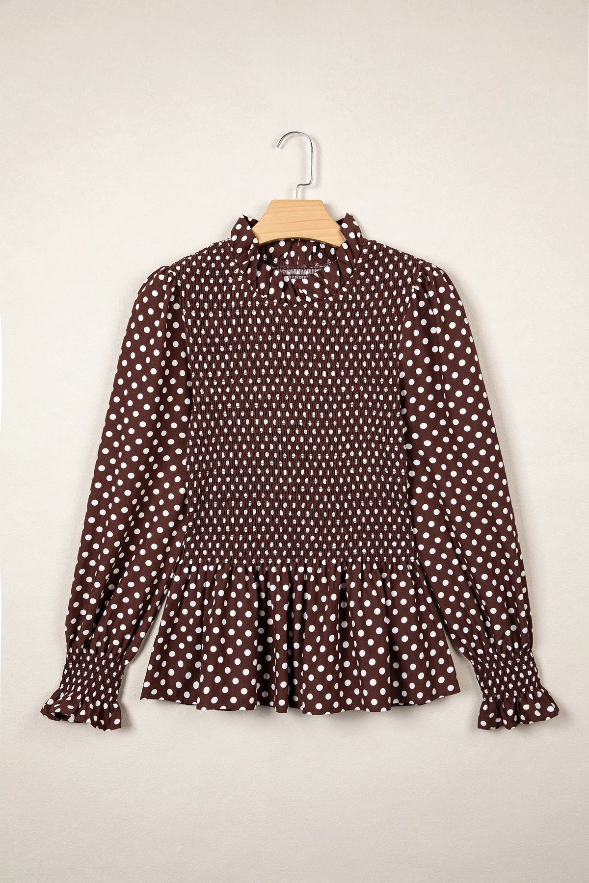 Polka Dot Shirred Ruffle Hem Long Sleeve Blouse