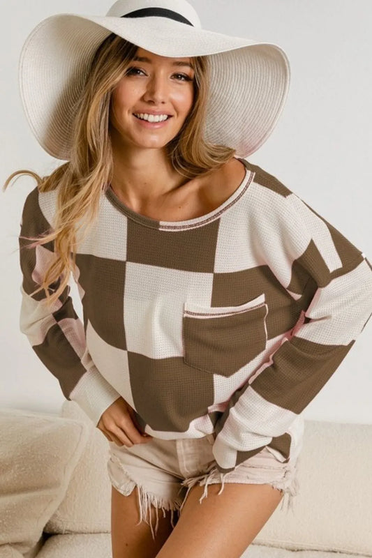 BiBi Checker Printed Hacci Top With Front Pocket TAUPE