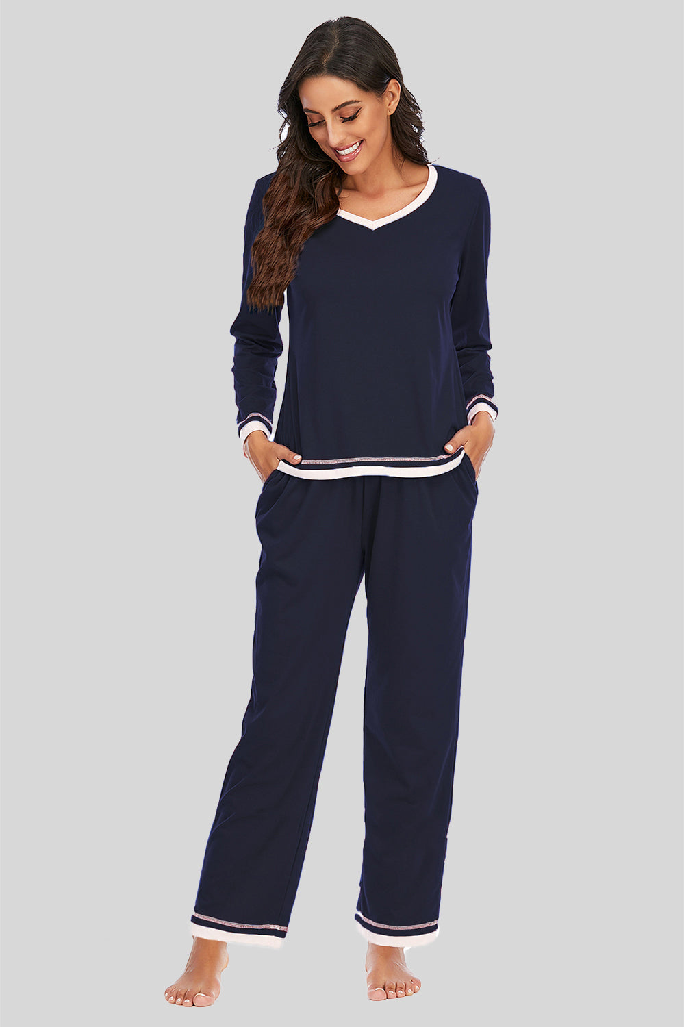 V-Neck Top and Pants Lounge Set Dark Navy
