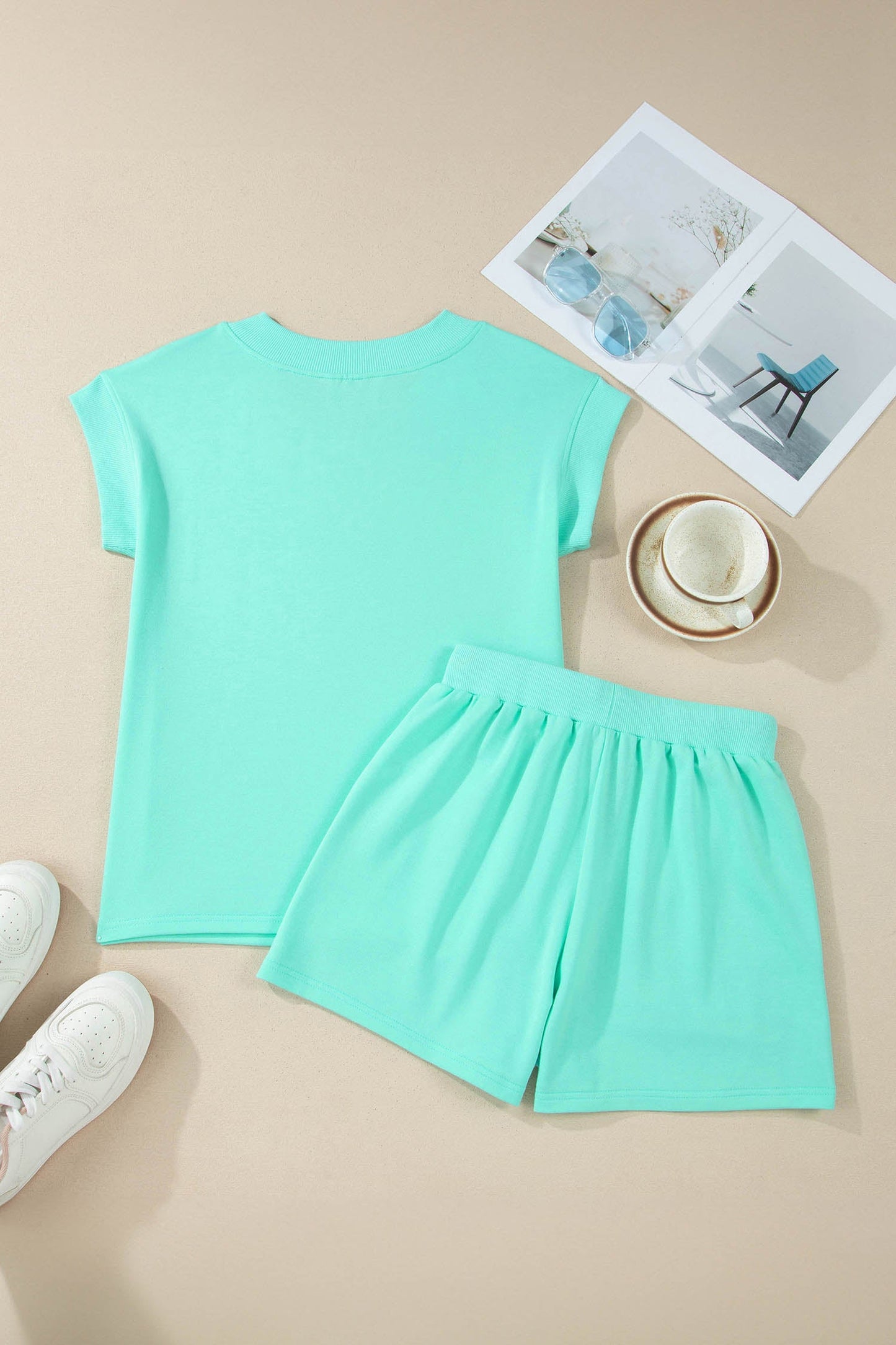 Solid V-Neck Short Sleeve Top & Drawstring Shorts Set