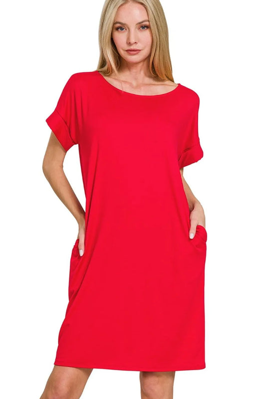 Zenana Rolled Short Sleeve Round Neck Dress RUBY