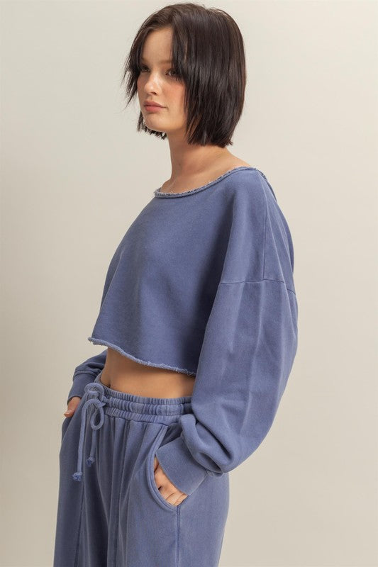 HYFVE Frayed Detail Boat Neck Long Sleeve Crop Top Dusty Blue