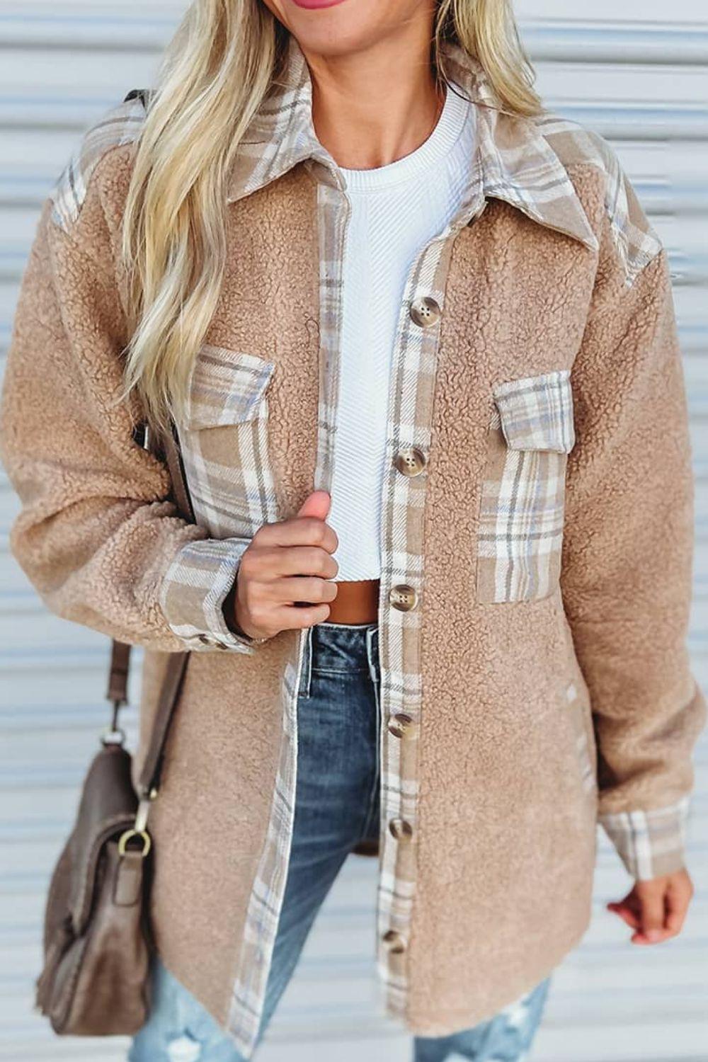 Pocketed Plaid Collared Neck Sherpa Jacket Tan