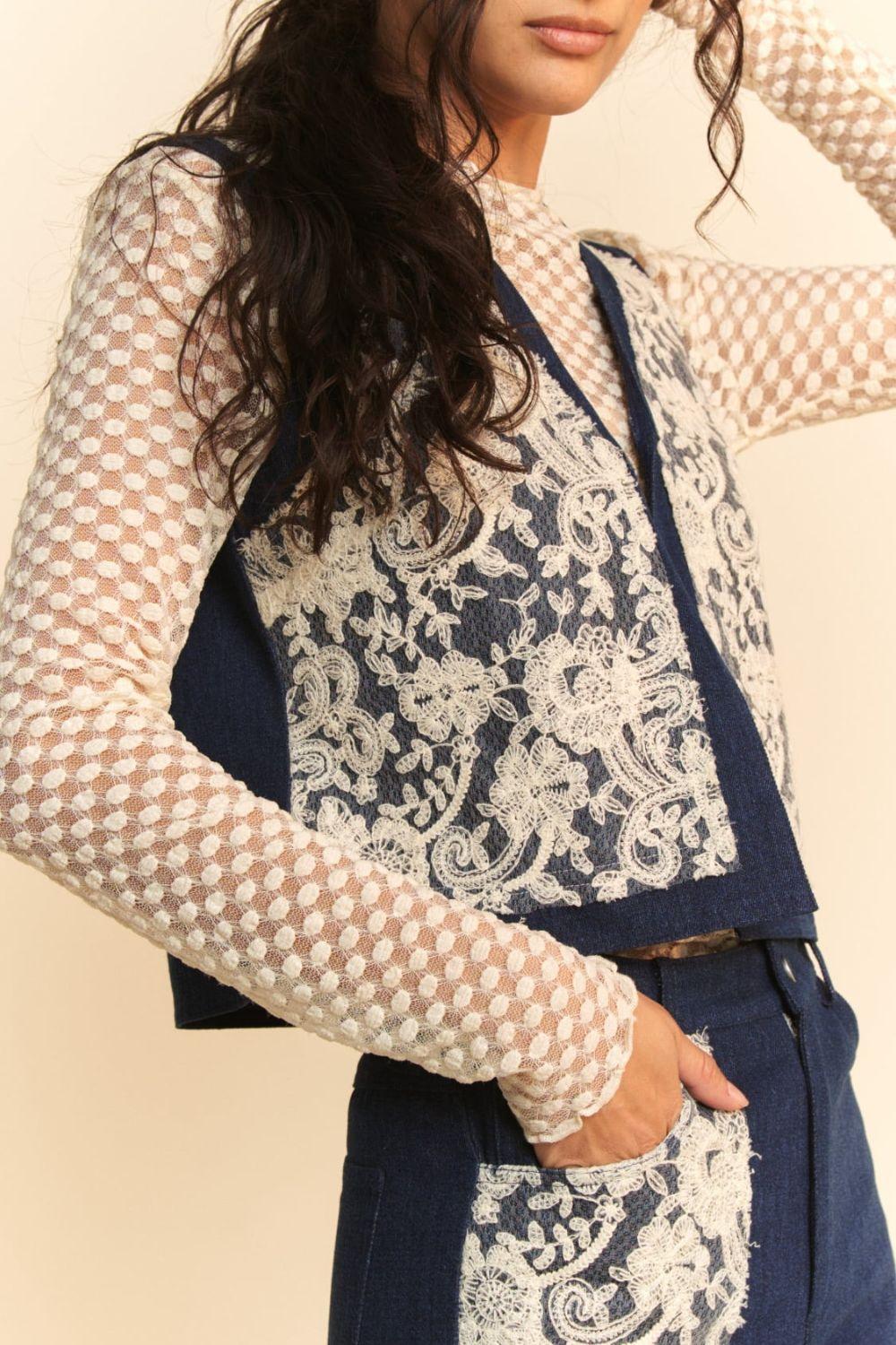 Davi & Dani Lace Patch Open Front Denim Vest Dark