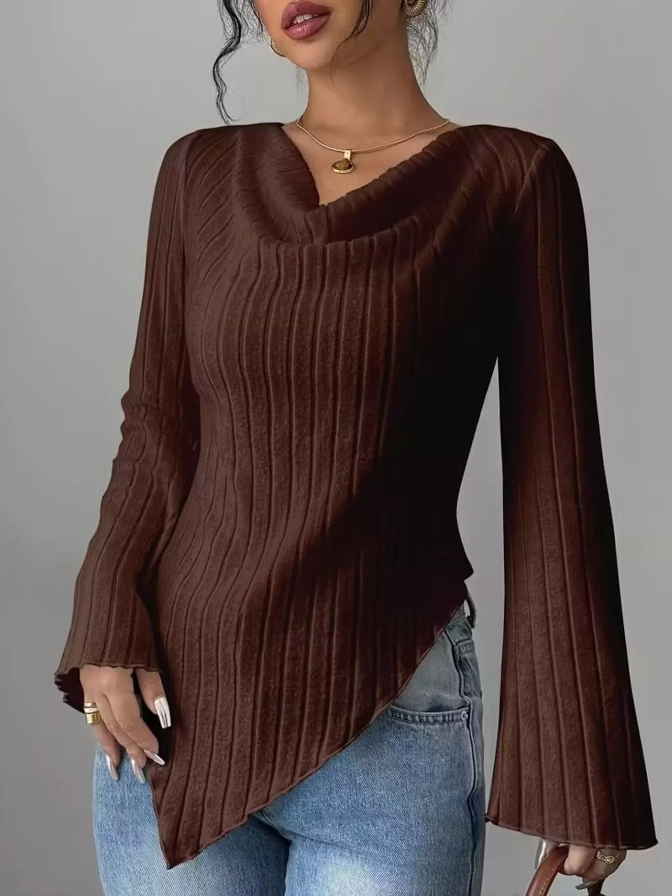 Cowl Neck Ribbed Knit T-Shirt