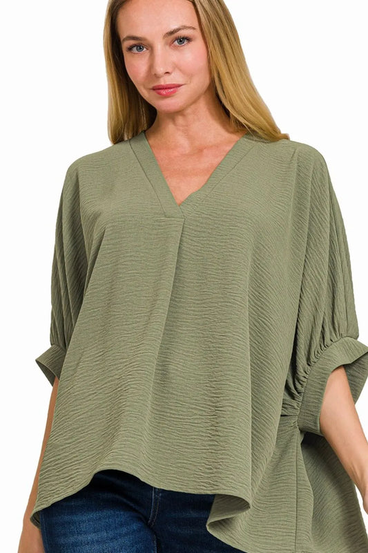 Zenana Woven Airflow V-neck Puff Half Sleeve Top LT OLIVE