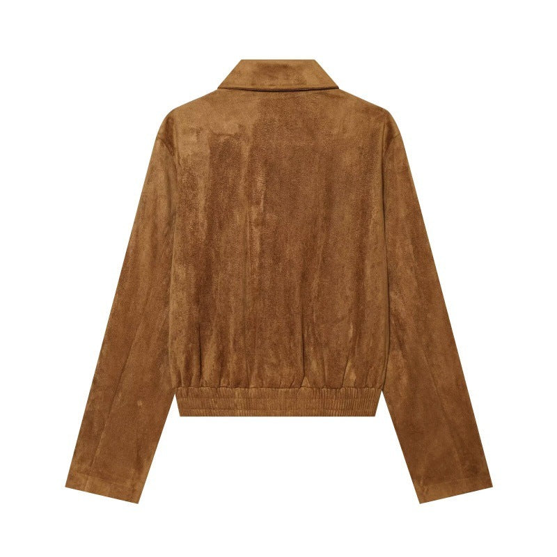 A brown suede jacket shown from the back, featuring a classic collar and long sleeves, photographed against a solid white background.