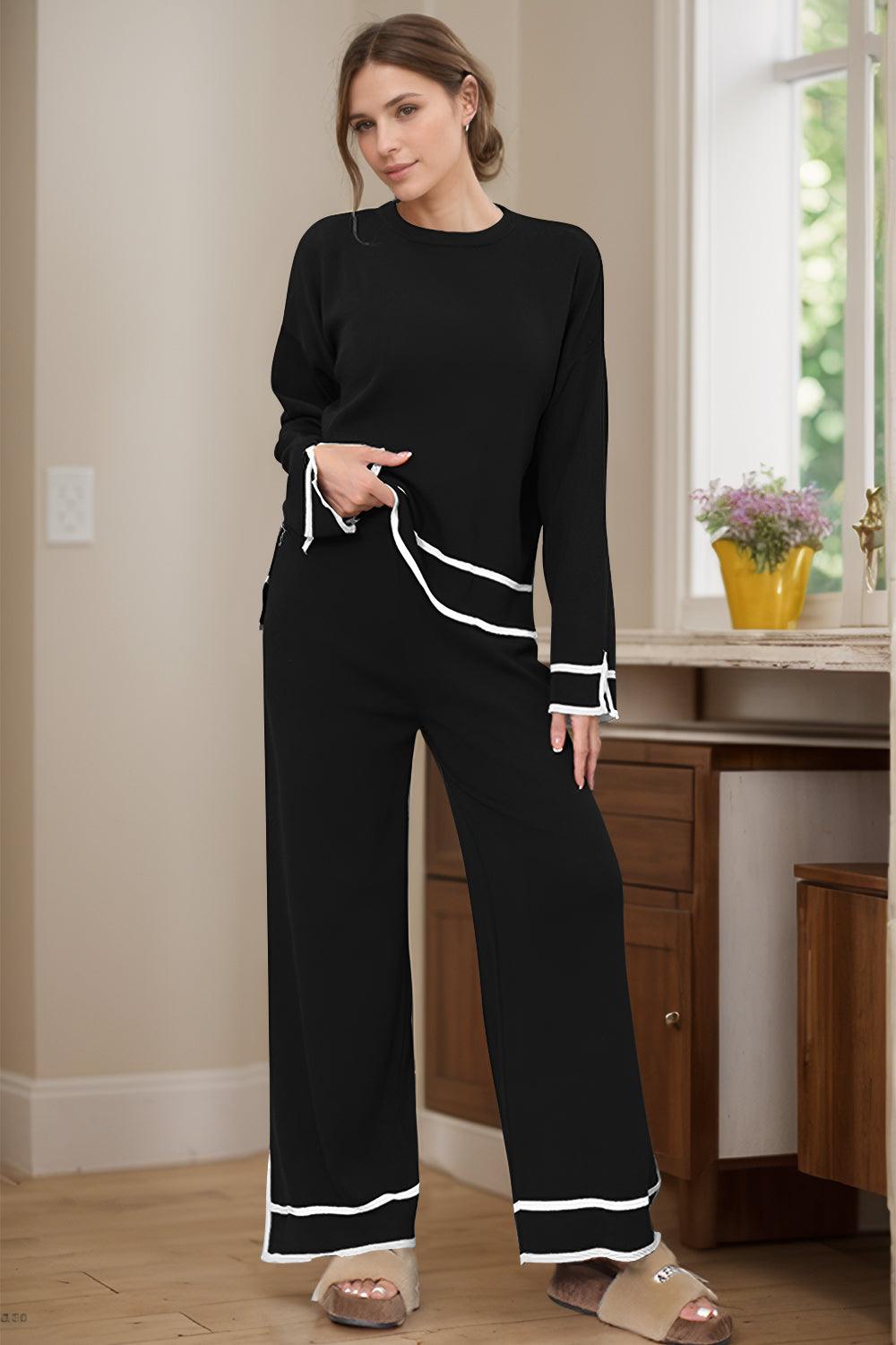 High-Low Round Neck Top and Pants Sweater Set Black One Size