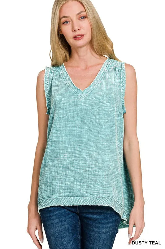 Zenana Double Gauze Raw Edge Acid Washed Tank DUSTY TEAL