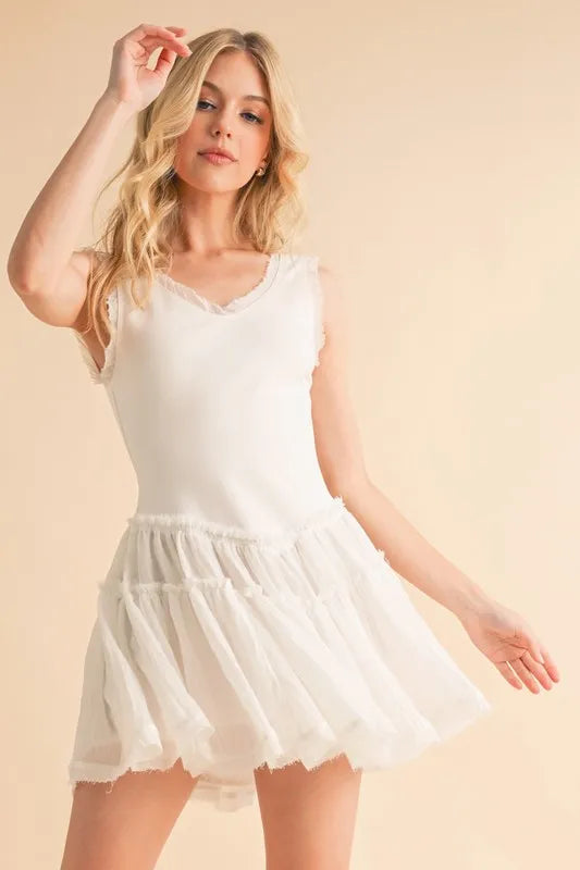Aemi+Co Frill Sleeveless Drop Waist Mini Dress WHITE
