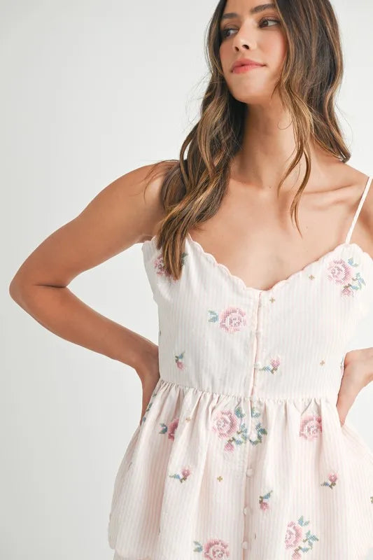 MABLE Stripe Embroidered Peplum Cami and Shorts Set