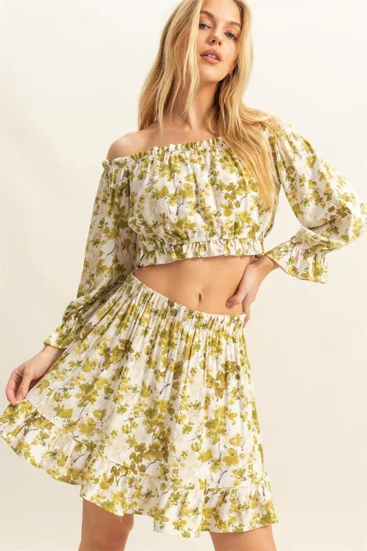 HYFVE Floral Off-Shoulder Flounce Sleeve Top and Skirt Set Yellow-Green